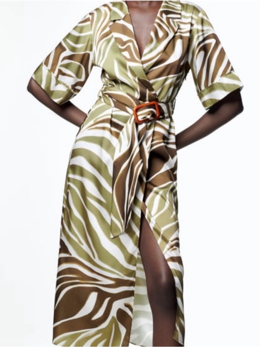 ZARA Olive & White Zebra Print MIDI Wrap dress
